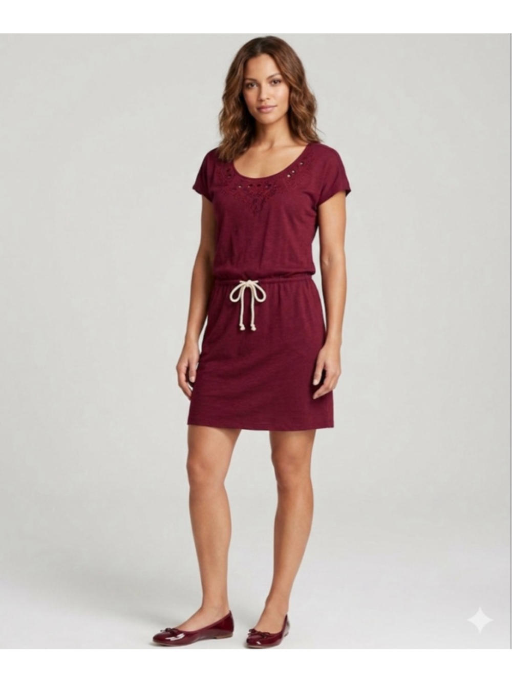 LOFT Size S Embroidered Waist Tie Maroon Summer Dress